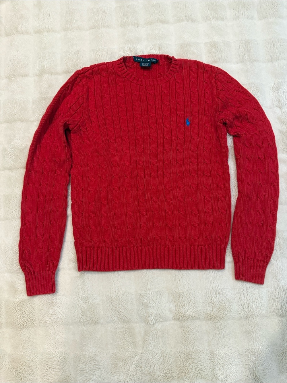 Ralph Lauren Red Cable Knit Sweater with Blue Pony Logo